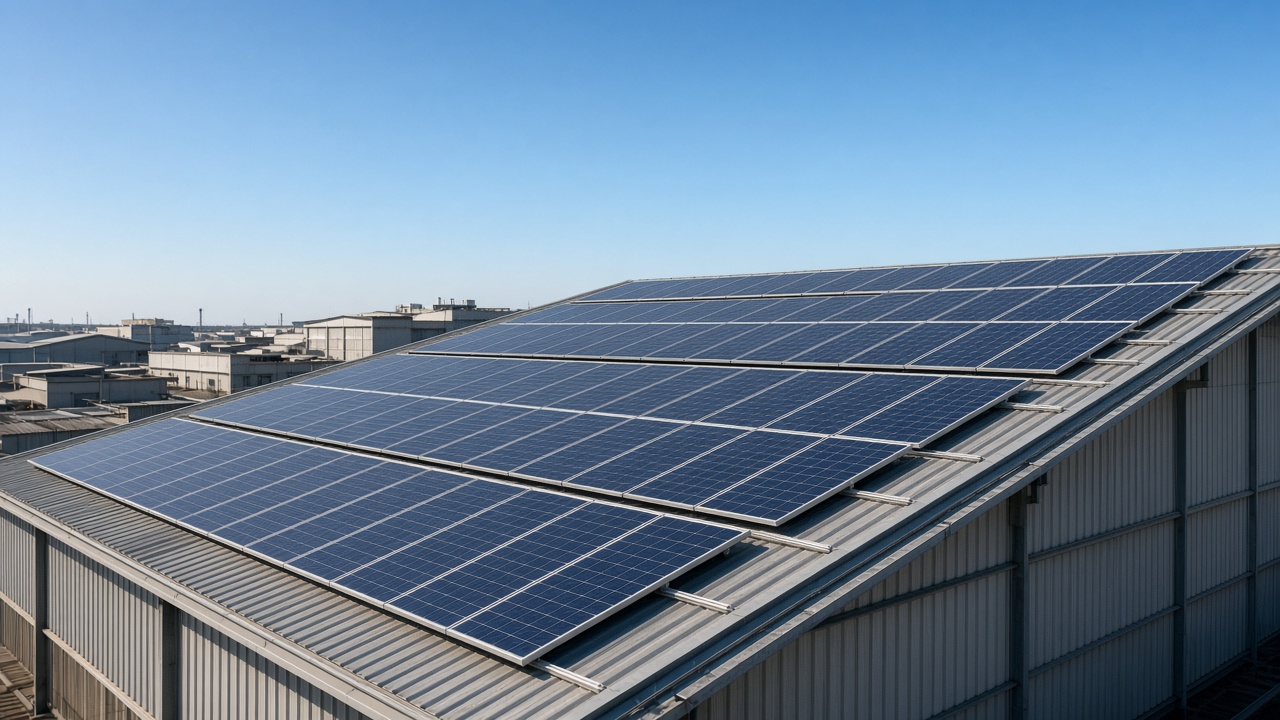 Industrial roof with solar panels in Telangana